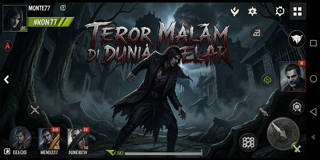 Screenshot gameplay MONTE77 menampilkan suasana horror yang mencekam.